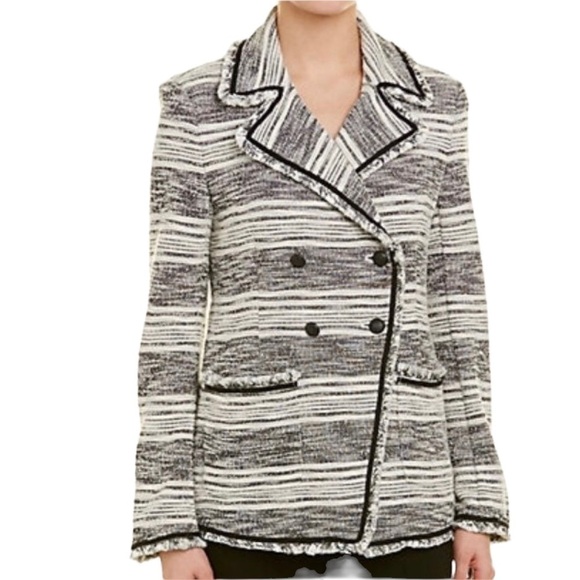 1.State NWT Double Breasted Fringe Tweed Jacket Blazer Black White Size 6 - Picture 1 of 9